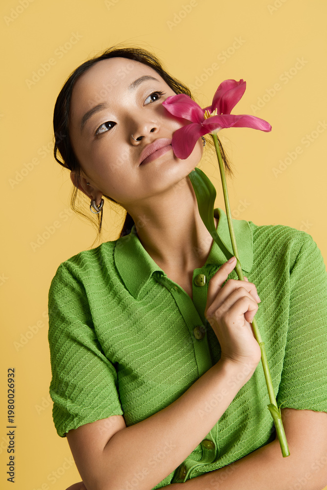 Fototapeta premium Young woman in stylish green attire holds a flower against a vibrant yellow backdrop