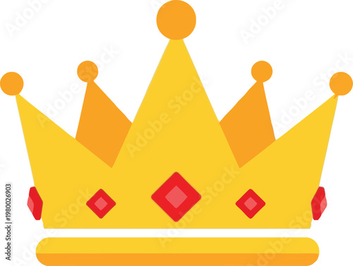 Golden crown with red jewels and orange spheres on transparent background vector icon