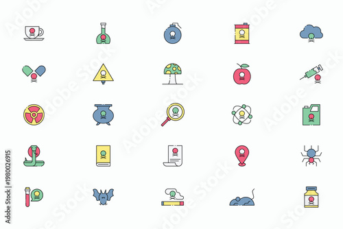 Toxic Waste and Poisonous Hazard Line Color Icons