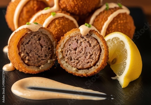 Crispy fried meatballs with creamy sauce and lemon wedge