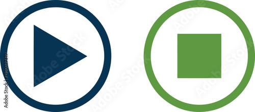 Dark blue play and light green stop icons representing media control buttons for interactive digital interfaces