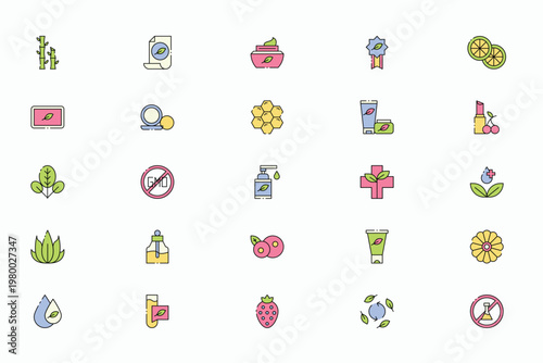 Flat line icons set of natural organic cosmetics and skincare symbols