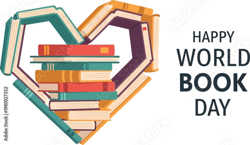 Happy world book day a heart shaped stack of colorful books