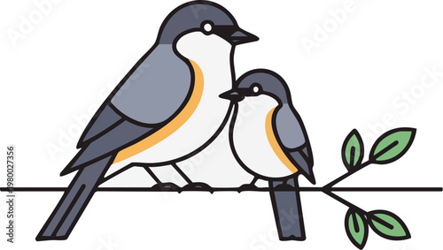 A touching depiction of friendship and companionship between two birds perched on a branch, celebrating the bond of loved ones