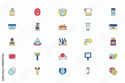 Professional skincare and facial treatment line icons collection