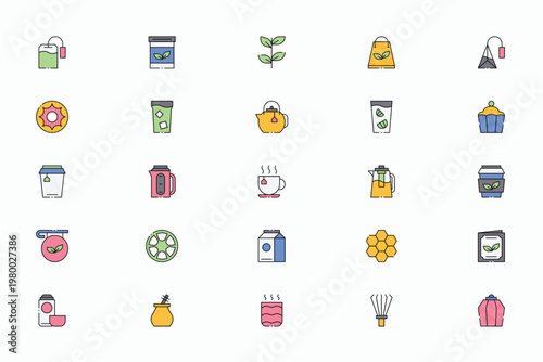 Traditional tea ceremony and hot drinks line icons set