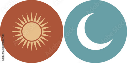 Golden sun and white crescent moon icons displayed in two separate circular shapes with earthy colors