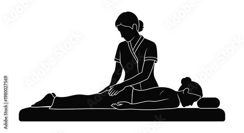 Woman giving a massage to another woman depicted in stark silhouette