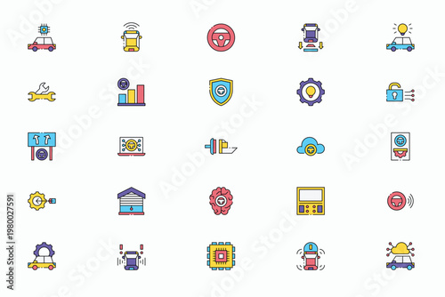 Smart Autonomous Car and Vehicle Technology Icons