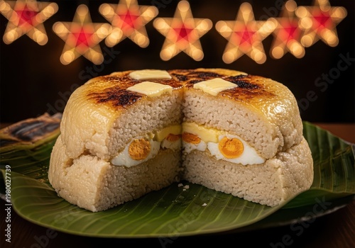 Traditional filipino bibingka rice cake with salted egg and butter
