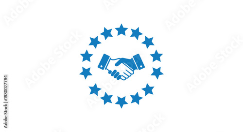 Handshake in circle of blue stars.