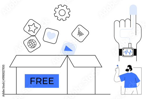 Digital technology, content distribution, smart apps, e-commerce, biometric security, wearable devices. Box with apps, smartwatch fingerprint sensor man interacting. Digital technology and content