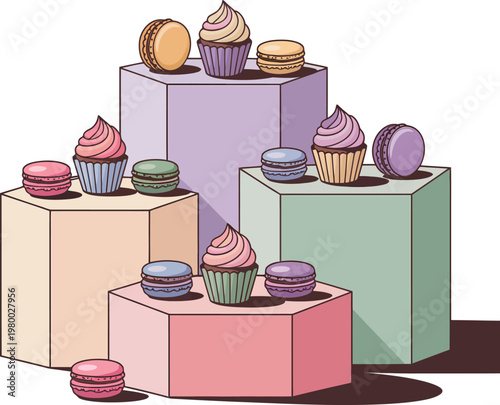 Sweet cupcakes and macarons on colorful pedestals vector illustration.
