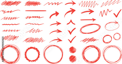 Hand drawn red pen line highlight set. Marker stroke underlines, arrows and check mark emphasis elements with round, oval and circle scribble frames. Vector illustration