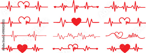 Red heartbeat line collection with heart symbol, cardiology, medical pulse, ECG, EKG design, healthcare clipart vector illustration, health monitoring, digital heartbeat graphics