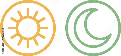 Yellow sun and green moon icons representing day and night cycles in a simple circular style