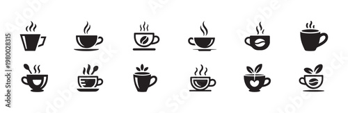 Collection of hot beverage cup icons representing coffee tea and espresso drinks steaming