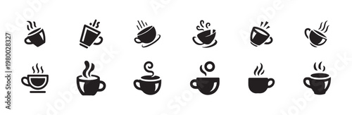 Different styles of steaming coffee mug icons perfect for cafe and beverage promotion material