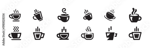 Tilted and stylized hot drink icons representing spilling or freshly poured coffee energy burst