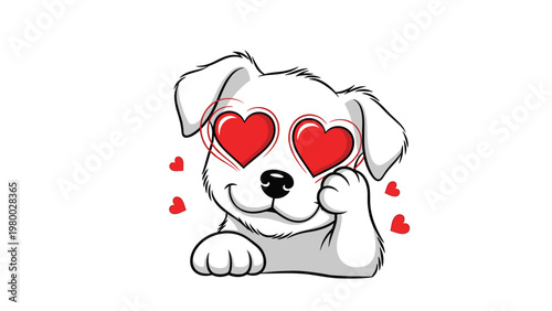 Adorable white puppy character expressing love with large bright red heart-shaped eyes and floating hearts on a clean white background.