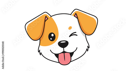 Close-up illustration of a happy white and brown puppy head winking playfully with its tongue out on a plain white background.