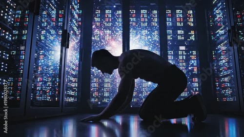 Person Interacting with Digital Screens in a Futuristic Environment