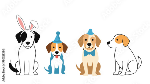 Row of four different dog breeds sitting together featuring a dalmatian with bunny ears, a beagle with a party hat, and a golden retriever.