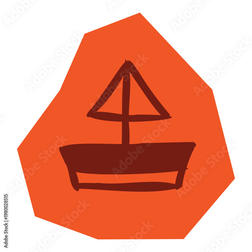 Hand drawn sailboat icon on orange sticker border for scrapbook and journal. Vector illustration design.