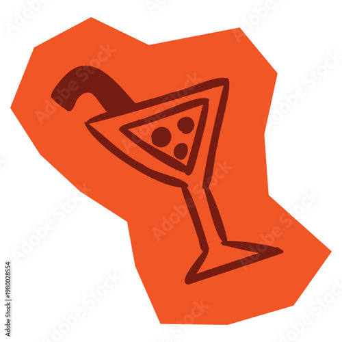 Hand drawn martini cocktail glass with straw and fruit garnish on orange sticker border for scrapbook and journal. Vector illustration design.