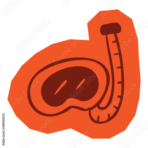 Hand drawn Snorkeling mask and snorkel tube icon on orange sticker border for scrapbook and journal. Vector illustration design.