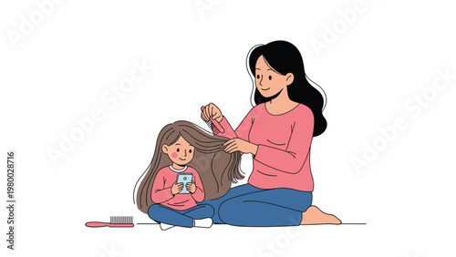 Tender scene of a mother gently brushing her young daughter's long brown hair while the child is distracted by a smartphone.