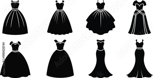 Eight black silhouette of formal dresses and gowns formal wear
