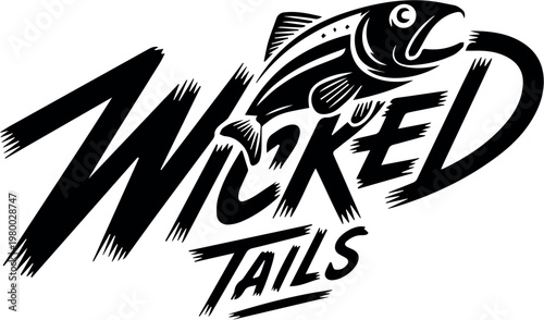 Trout leaping through bold brush stroke lettering for a fishing brand logo