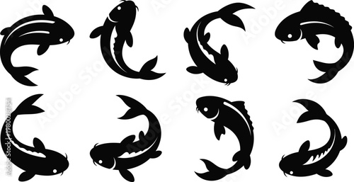 Eight black silhouette koi fish swimming in various poses on white background carp