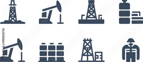 Set of dark industrial petroleum icons featuring oil rigs pumps storage tanks and refinery worker symbols