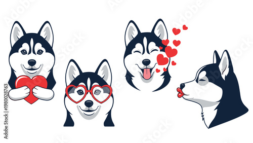 Collection of four siberian husky dog illustrations featuring various romantic expressions like blowing a kiss and wearing heart glasses.