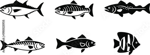 Six black silhouette fish on white background tuna