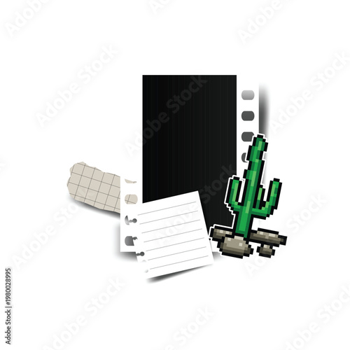 Blank frame photo with collage element and sticker cactus design