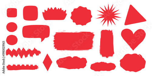 Set of hand drawn red brush stroke shapes and badges for creative social media marketing vector illustration
