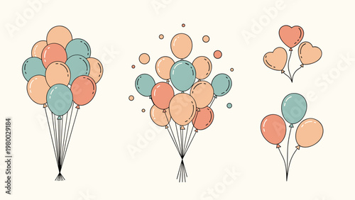 Collection of colorful balloon bunches in various shapes and arrangements including round and heart-shaped designs.