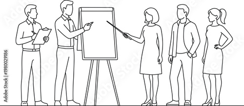 Business training session line art illustration with team learning at flip chart, corporate education concept, professional development and workplace coaching minimal outline design