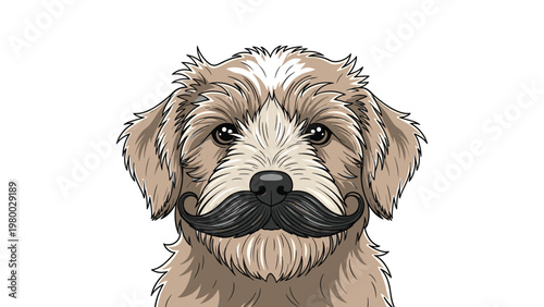 Humorous illustration of a scruffy brown dog head wearing a large well-groomed black handlebar mustache.