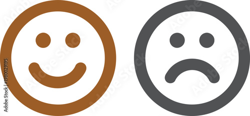 Brown happy and grey sad face icons representing opposite human emotions of joy and sorrow