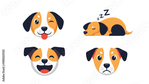Set of four diverse dog illustrations including happy faces, winking expressions, and a puppy sleeping soundly.