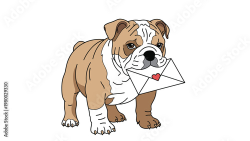 Adorable bulldog puppy standing and holding a white envelope with a red heart in its mouth for romantic messages.