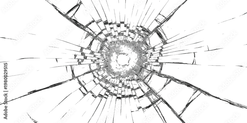 Obraz premium Realistic shattered glass texture with radial cracks and impact hole isolated on white background vector illustration