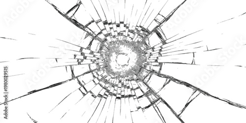 Realistic shattered glass texture with radial cracks and impact hole isolated on white background vector illustration