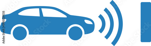 Smart car collision avoidance system icon with proximity sensor wave and detection barrier graphics.