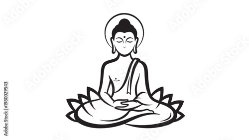 Buddha Statue Meditating On Lotus Flower In Black And White For Spirituality Concepts