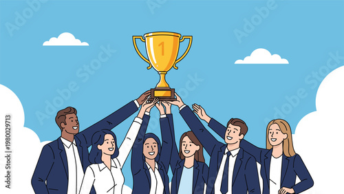 Successful business team in suits cheering together and lifting a large golden trophy cup high in the air against a cloudy blue sky.